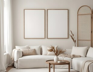 Frame mockup, ISO A paper size. Living room poster mockup. Modern interior design. Living room Interior mockup with house background. 3D render