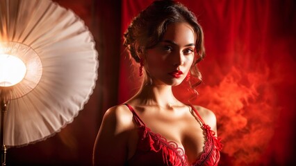 Model in fiery red lingerie warm and intense lighting passionate and powerful expression smoky backdrop