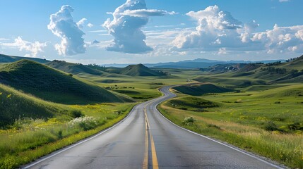 Naklejka premium a top view of a rural road with rolling hills, centered with sharp detail and ample copy space. 