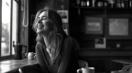 Cheerful young woman smiling brightly surrounded by cozy decor, radiating joy and positivity in a modern workspace