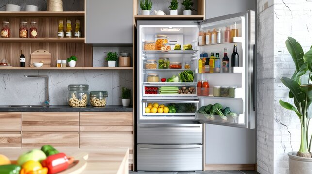 Spacious kitchen interior design with a stainless steel refrigerator stocked with fresh produce and beverages