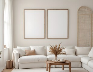 Frame mockup, ISO A paper size. Living room poster mockup. Modern interior design. Living room Interior mockup with house background. 3D render