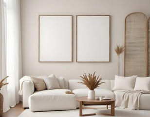 Frame mockup, ISO A paper size. Living room poster mockup. Modern interior design. Living room Interior mockup with house background. 3D render
