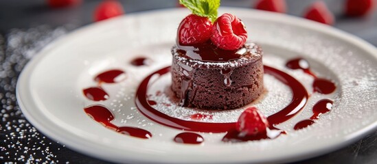Molten Chocolate Lava Cake Elegantly Plated with Raspberry Coulis A Tempting Indulgence