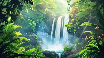 Fantasy green forest with beautiful waterfall and tropical plants. Cartoon or anime watercolor painting illustration style