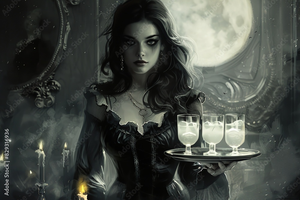 Wall mural fantasy illustration of a female vampire holding a tray of drinks - Wall murals