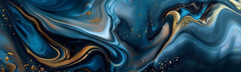 Abstract blue marble texture with gold splashes, blue luxury background