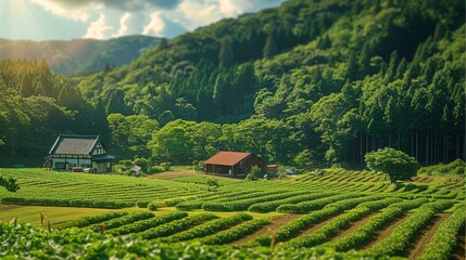In summer, sunny day, a countryside in Japan, a big farm in the foreground, and huge forest in the background. Generative AI.