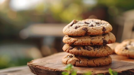 Chocolate Chip Cookies Stack on Rustic Wooden Board in Outdoor Picnic Setup Basking in Natural Light