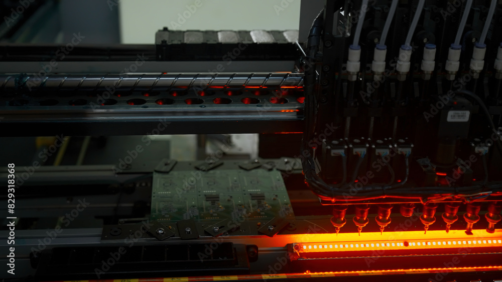 Poster fully automated assembly line at electronics factory. creative. component installation on circuit bo