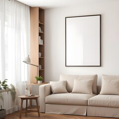 Frame mockup, ISO A paper size. Living room poster mockup. Modern interior design. Living room Interior mockup with house background. 3D render