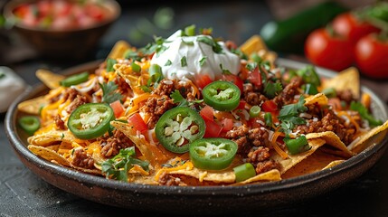 A platter of spicy nachos, topped with cheese, jalape�os, and sour cream.