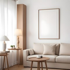 Frame mockup, ISO A paper size. Living room poster mockup. Modern interior design. Living room Interior mockup with house background. 3D render