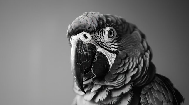 Close-up of a parrot in black and white with detailed feathers and a sharp beak against a plain background