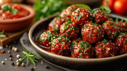 A plate of flavorful meatballs, covered in marinara sauce.
