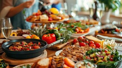 Obraz premium Table filled with a variety of colorful dishes, fresh vegetables, fruits, and glasses of wine at a gathering