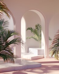 minimalistic pastel-coloured interior with a podium and a n arch, the perfect perspective for a fashion photoshoot, mockup, product stage