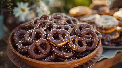 ChocolateDipped Pretzels in a Stylish Outdoor Party Setting Basking in Natural Light