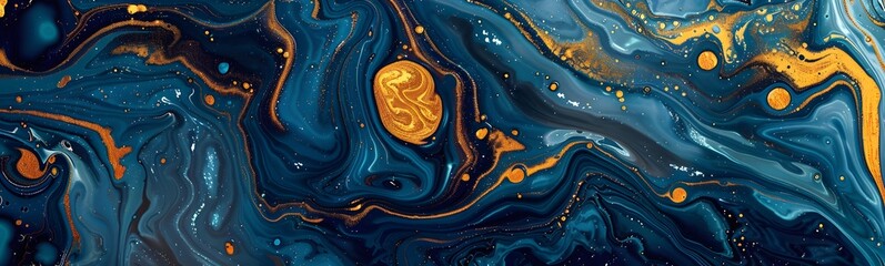 Abstract blue marble texture with gold splashes, blue luxury background