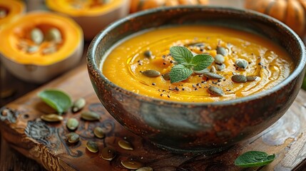 A bowl of creamy pumpkin soup, garnished with roasted seeds.
