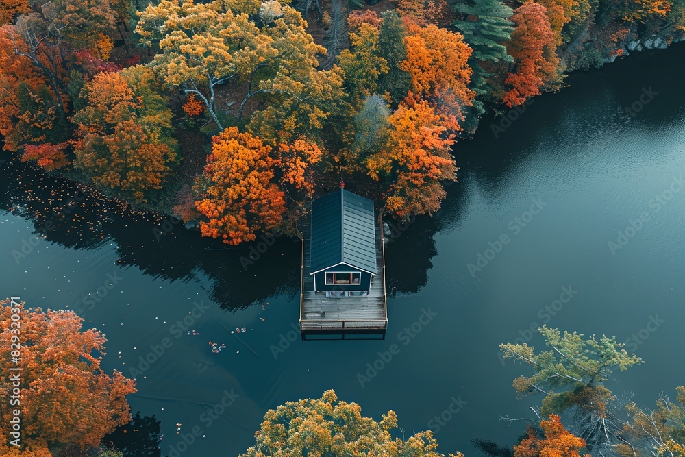 Wall mural tiny house in the midle of the lake in between trees , looking from above