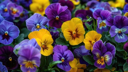 Close up of lovely vibrant violet and yellow spring pansies