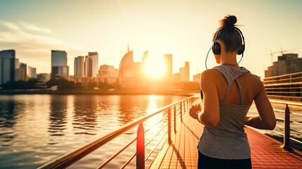 Fototapeta premium Woman jogging on riverside boardwalk at sunrise, listening to music with headphones, city skyline in the background
