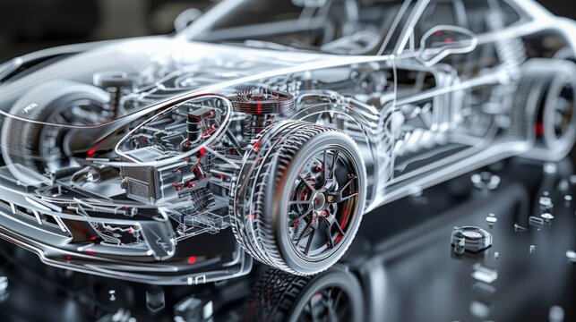 3D Close-Up of Automotive Parts: parts like engines, dashboards, or advanced infotainment systems. Emphasize the precision engineering and technological advancements in the automotive industry.