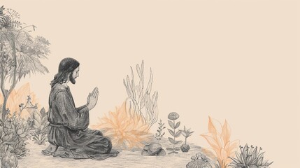 Faith and Reflection: Jesus in Prayer in Garden, a Serene Biblical Illustration of Spiritual Connection