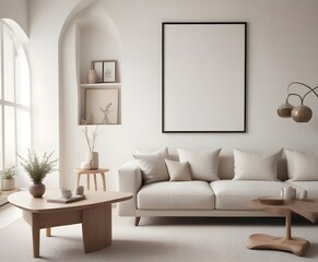 Frame mockup, ISO A paper size. Living room poster mockup. Modern interior design. Living room Interior mockup with house background. 3D render