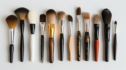 A variety of makeup brushes arranged neatly against a clean white background.