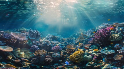 Beautiful colorful corals under the sea and schools of fish