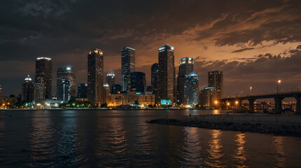 Detroit skyline at sunset, reflecting on the tranquil waters of the Detroit River front, Travel. Generative ai.