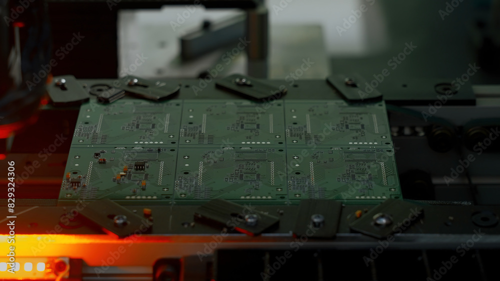 Poster coating machine for printed circuit board at work. creative. close up of automated robotic mechanism