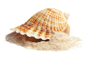 Seashell isolated on white side view amid a sand pile. Generative Ai