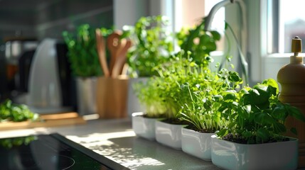 Useful microgreens grown at home. Green shoots in pots on the kitchen table. Vegetarianism, diet, healthy eating. Hobby.