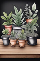 Fototapeta premium A row of houseplants in flowerpots on a wooden table in front of a blackboard.