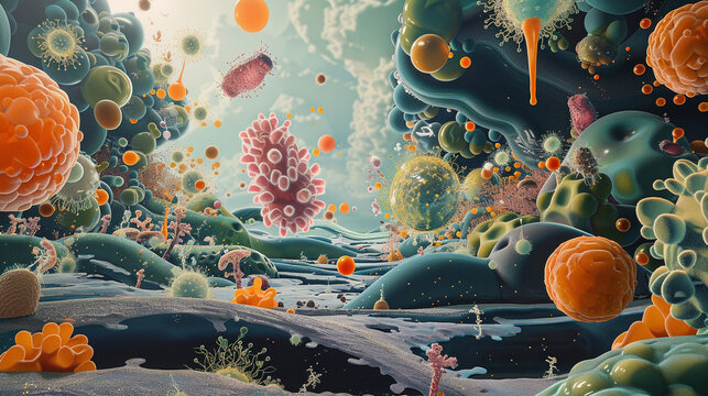 Illustrate a conceptual depiction of cellular autophagy regulation, with lysosomes and autophagosomes depicted amidst a surreal, evolving landscape.