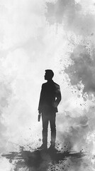 Fototapeta premium Silhouette of a Man Holding an Object on Abstract Splattered Background - Concept Art for Posters, Cards, Prints