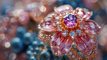 3D Close-Up of Jewelry: Illustrate a 3D close-up of exquisite jewelry, focusing on the fine details of gemstones, settings, and craftsmanship.