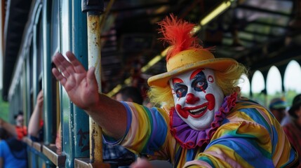With a wink and a wave the clown bids farewell to the crowd having entertained them for hours.