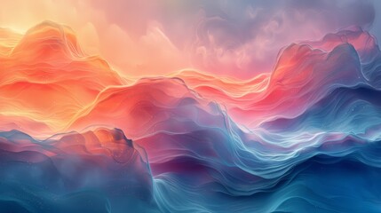 Obraz premium Abstract vibrant pastel gradient landscape with colorful fluid shapes resembling serene mountains and sky during sunrise or sunset.