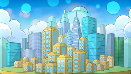 A cityscape with tall buildings and a clear blue sky