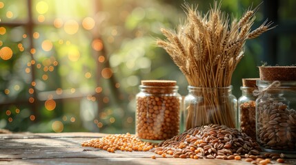 Wheat seeds on wooden table