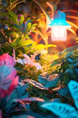 Naklejka premium Enchanted Night Garden: Vibrant Neon Lights and Pollinators in a Lush Landscape