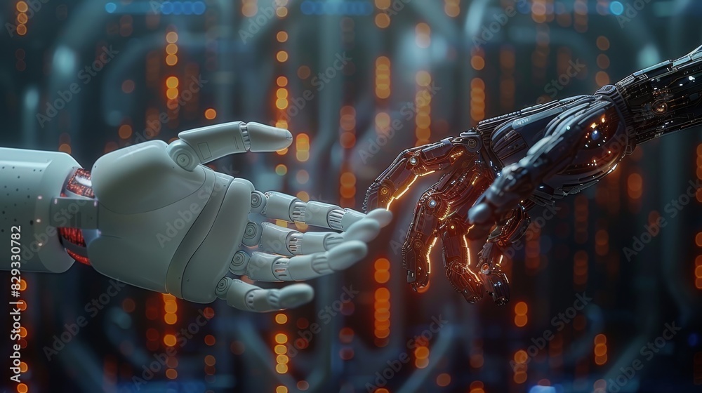 Poster A robotic hand and a human hand reaching towards each other, with a backdrop of binary code and complex algorithms. the collaboration between humans and AI in the digital age. Generative AI.