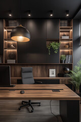 dark modern designer office, dark, dark colors, night,wooden,black