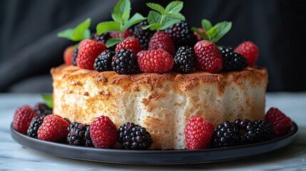 A serving of light and fluffy angel food cake, topped with berries.