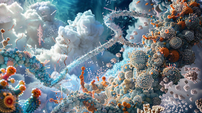 Illustrate the dynamics of cellular microRNA regulation, with RNA molecules and processing complexes visualized amidst a surreal, evolving landscape.