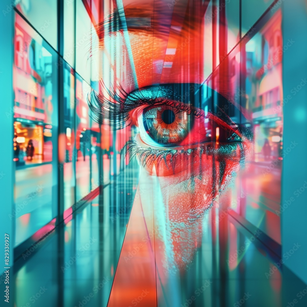Aufkleber Futuristic Augmented Reality Interface in Urban Setting Featuring Eye Close-Up, Emphasizing Privacy and Innovation
